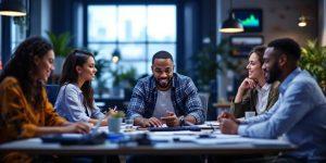 Monipuolisia treidaajia työskentelemässä modernissa ympäristössä.