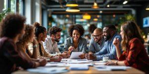 Monimuotoinen tiimi työskentelee yhdessä modernissa toimistossa.