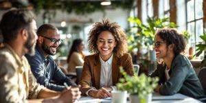 Iloisia työntekijöitä yhteistyössä modernissa toimistossa.